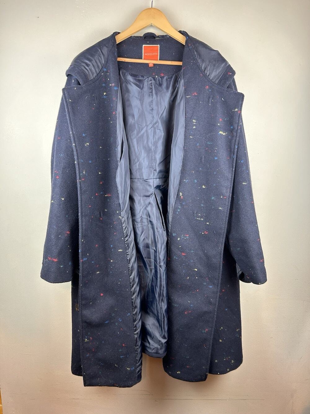 ModCloth Wool Blend Navy Blue Hooded Toggle Coat Jacket 4X Lined Multicolor Dots
